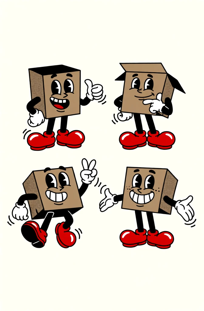 Four vintage cartoon cardboard box characters with expressive faces, white-gloved hands, and large red shoes are arranged in a two-by-two grid against a plain off-white background. The top-left character is an upright, open-topped brown box with a wide smile showing teeth, looking to its left while giving a thumbs-up with its right hand. The top-right character is a slightly tilted, open box with a smug expression, resting its chin on its left hand while pointing to itself with its right. The bottom-left character is a box depicted in a dynamic, joyful pose with one leg lifted, wide eyes, and a broad grin showing teeth, making a peace sign with its left hand. The bottom-right character stands with its arms outstretched to the sides, featuring a large, toothy smile and freckles on its cheeks. Each character has slender, stick-like legs and arms, large white cartoon gloves, and oversized, rounded red shoes with white highlights. The characters are rendered in a retro rubber-hose animation style, characterized by bold black outlines, simple facial features with pie-cut eyes, and a limited color palette of brown, red, white, and black. Subtle halftone dot patterns provide shading on the sides of the boxes, and small black motion lines are placed around their hands and feet to suggest movement. The overall composition is clean and centered, presenting a set of mascot-like illustrations in a consistent artistic style.
