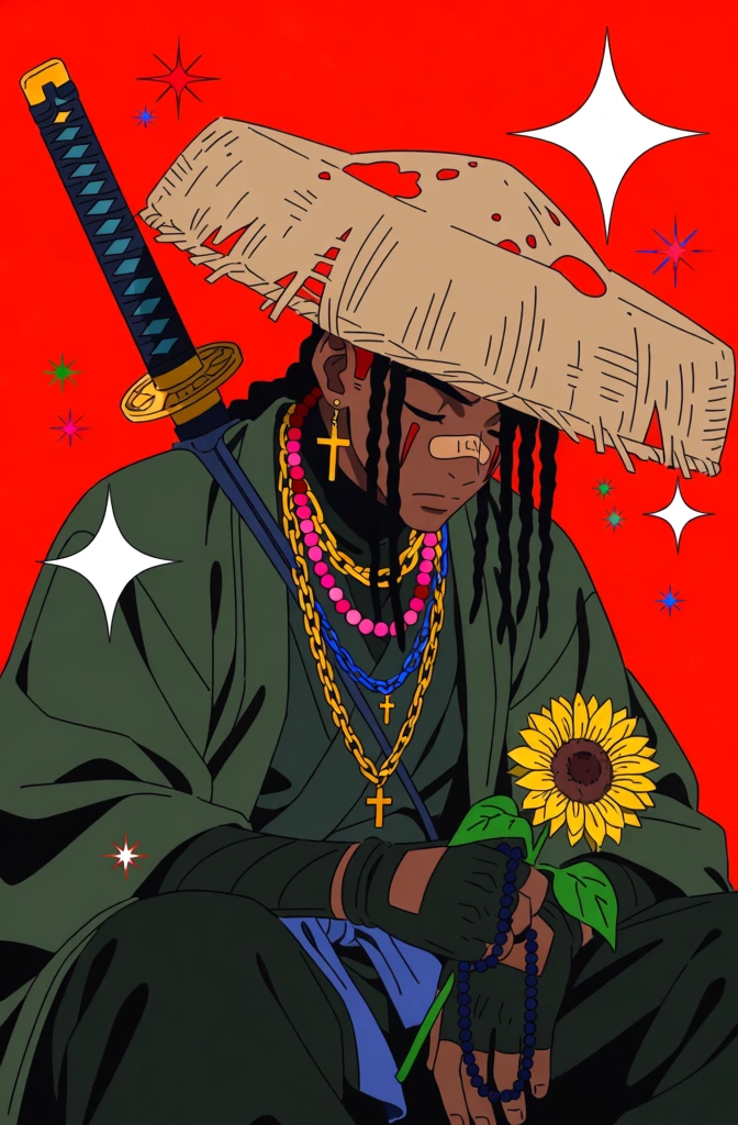 A stylized anime illustration depicts a Black samurai character with a large straw hat and dark green robes sitting against a vibrant, flat red background. The central figure has dark skin and long, thin black braids that partially drape over his closed eyes, with a large tan bandage across the bridge of his nose and small red markings on his forehead and cheeks. He wears a wide-brimmed, weathered tan straw hat with tattered edges and red splotches, which sits low on his head. His attire consists of heavy, layered olive-green robes worn over black fingerless gloves. Multiple necklaces hang from his neck, including a thick gold chain, a strand of pink and red beads, and a blue chain with a small cross pendant, complemented by a gold cross earring. The character is in a hunched, contemplative posture with his head bowed, and his right hand holds a single yellow sunflower entwined with a string of dark blue prayer beads. A katana with a dark blue cross-hatched hilt and a circular gold guard is strapped diagonally across his back, protruding upwards past his hat. The composition is decorated with several large, white four-pointed stars and smaller multi-colored sparkles in shades of red, green, and blue scattered throughout the red space. The artistic style features clean, bold black line work and a graphic, flat color palette with minimal shading, creating a modern urban-fantasy aesthetic.