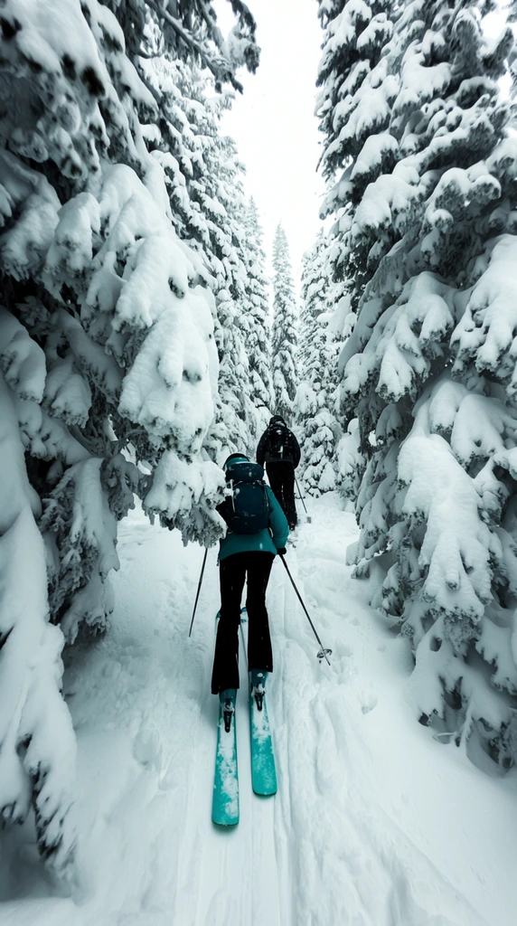two skiers ascending a narrow winter trail viewed from behind, foreground skier in a teal jacket with a dark backpack and bright teal skis, second skier in dark gear ahead, dense coniferous trees heavily covered in thick fluffy white snow forming a tight tunnel, heavy snow loads bowing the branches, deep tracks in fresh powder, bright overcast sky, cool color palette of stark whites and deep blacks, low trailing perspective, wide-angle outdoor adventure photography