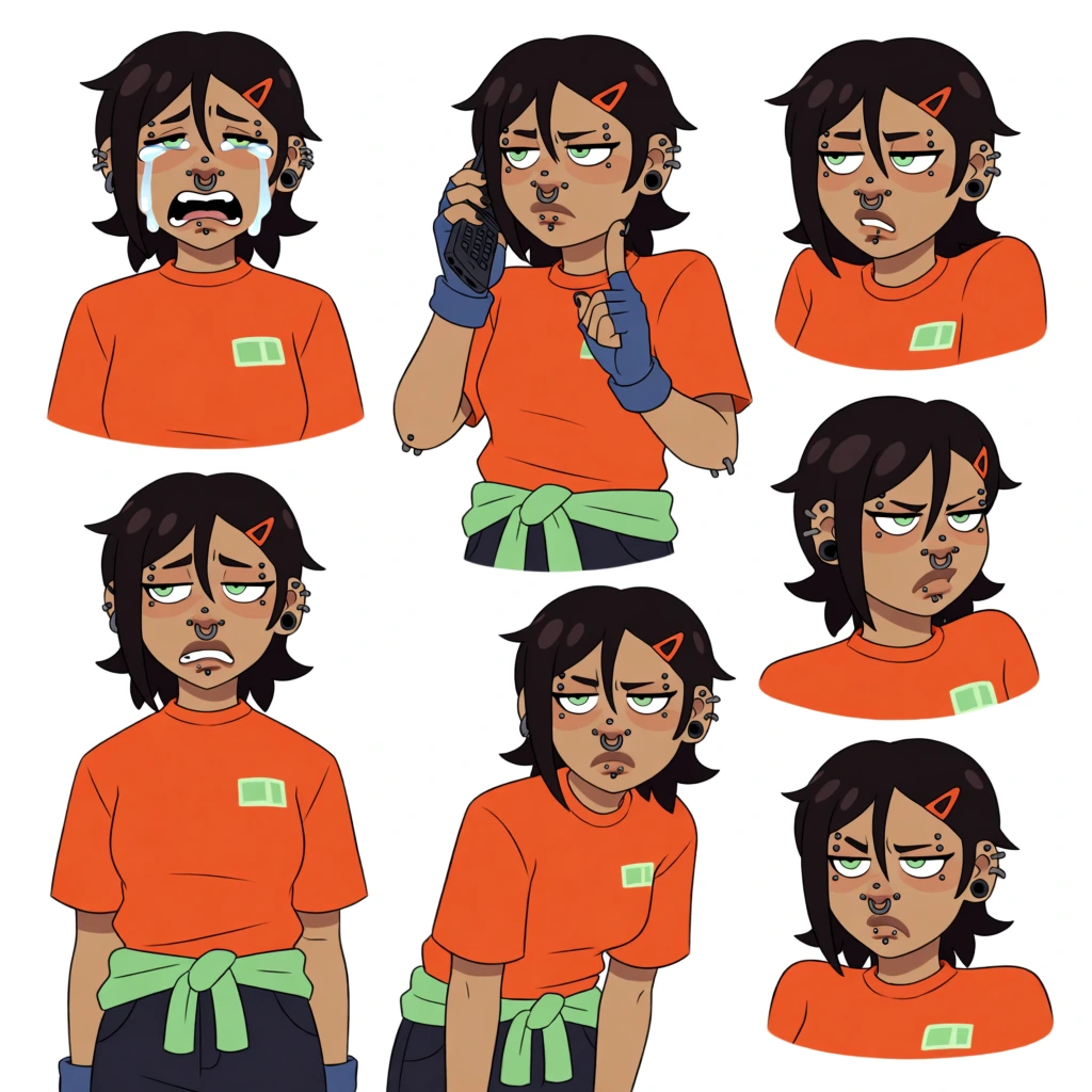 This character expression sheet features eight digital illustrations of a young woman with tanned skin, dark brown hair, and almond-shaped light green eyes, set against a plain white background. The woman is depicted in various poses and emotional states, consistently wearing a bright orange crew-neck t-shirt and several light blue facial piercings, including studs on her eyebrows, nostrils, and earlobes, as well as a septum ring. Her dark hair is mostly tied back in a low ponytail with a few loose strands framing her face, and an orange triangular hair clip is pinned on the left side of her head. In the top left, she is shown from the shoulders up with a crying expression, her mouth open and tears visible. Moving right, her expression shifts to one of intense focus or anger with a furrowed brow. The next pose shows her holding a black flip phone to her ear with a blue-gloved hand, her face wearing a skeptical or annoyed look. On the far right of the top row, she playfully sticks her tongue out, holding her gloved hand near her chin. The bottom row presents more neutral and profile views: a left-facing profile, a three-quarter view looking slightly down, a direct frontal view with a bored expression, and a final three-quarter view where she looks back over her shoulder with a subtle smirk. Some views show a small, light green rectangular tag on the left chest of her shirt and dark-colored pants tied with a light green sash at the waist. In the upper far-left corner, a small inset provides a close-up detail of her eyes looking in two different directions. The artistic style is a clean, 2D digital illustration using flat colors and simple cel-shading to define forms and depth.