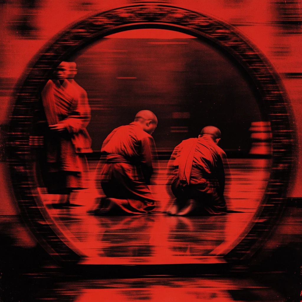 extreme high-contrast grainy photograph in deep red and black duotone, two monks in heavy robes kneeling before a central circular portal, heavy horizontal motion blur and smearing effects, thick analog film grain, atmospheric lighting, minimalist composition, deep shadows, distorted features with soft bleeding edges, brutalist lo-fi aesthetic, dramatic silhouettes, ominous cinematic texture.