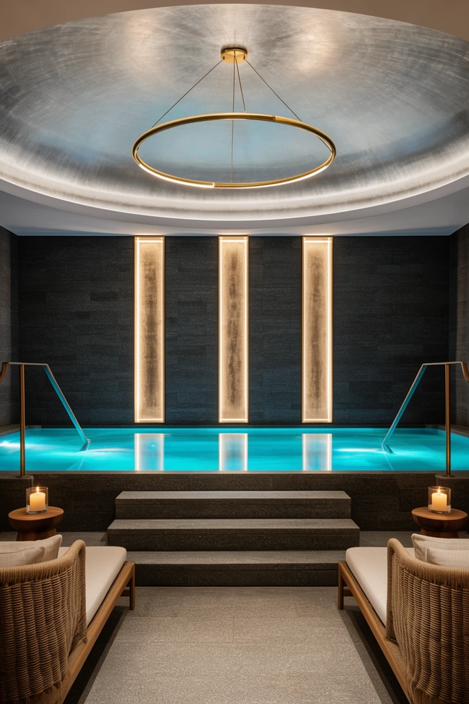 A luxurious indoor spa pool features a glowing turquoise basin surrounded by dark textured walls and symmetrical seating. A silver metallic ceiling dome suspends a minimal circular brass chandelier above the water. The charcoal-grey stone back wall features three tall illuminated vertical niches reflecting perfectly on the calm water. Wide stone steps descend into the brilliantly lit cyan pool. On the grey deck, woven lounge chairs with pale cushions flank the steps alongside wooden side tables holding lit candles. The architectural photography employs strict central perspective, juxtaposing warm golden lighting against vivid cool blue underwater illumination.