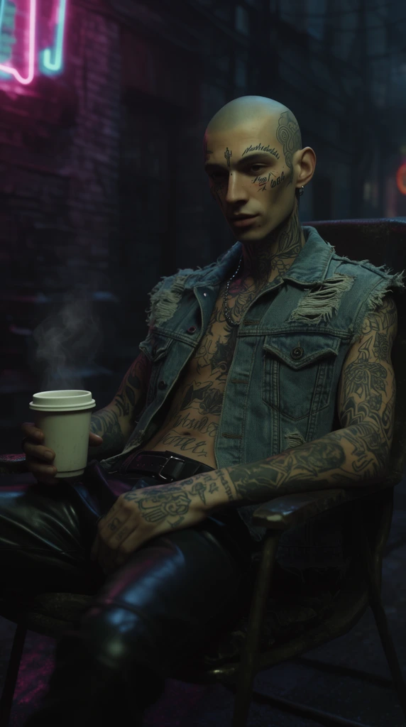 slender bald man with face tattoos lounging in a chair, torn denim vest, leather pants, holding a steaming cup, dark neon-lit alleyway, cinematic shadows