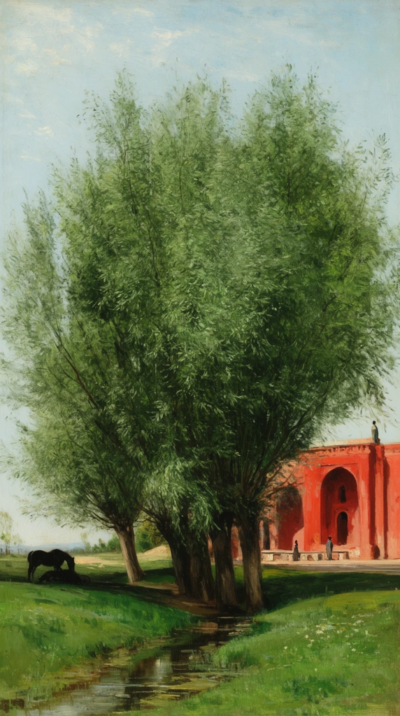 large cluster of thick green willow trees, grassy landscape with a narrow winding stream, dark silhouette of a resting horse on the left bank, striking terracotta-red building with arched doorways on the right, small distant figures standing on a terrace, pale blue sky with wispy clouds, expressive oil painting brushstrokes, plein-air realism, natural daylight