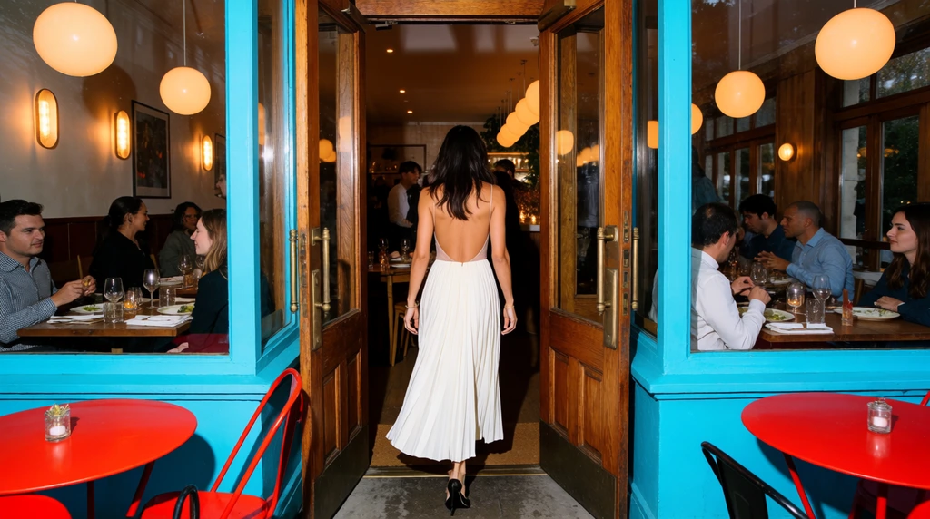A woman in a backless dress with a white pleated skirt steps through open wooden double doors into a lively restaurant. Bold cyan exterior trim and red patio tables contrast with the warmly lit interior, where large glass windows reveal seated diners under glowing spherical pendant lights.