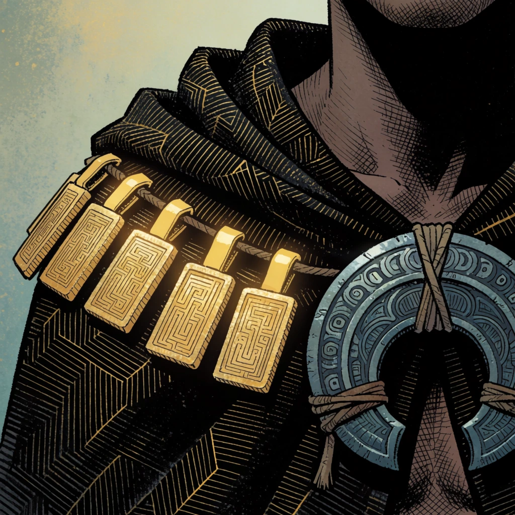 close-up of a dark cloak on a shoulder patterned with fine gold geometric lines, hanging golden rectangular amulets etched with labyrinth designs, glowing yellow attachment loops, heavy blue-grey metallic crescent pendant with concentric carvings, wrapped binding cords, silhouetted skin, comic book illustration style, dense ink cross-hatching, stippled shading, gold and muted teal palette