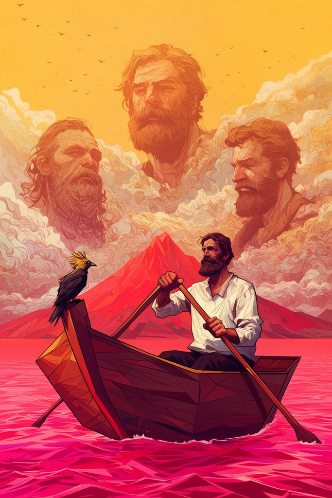 A surreal illustration of a bearded man rowing an angular wooden boat across vivid pink water, watched over by three colossal spectral figures of rugged bearded men looming in swirling clouds. The rower wears a white shirt and grips a long oar, while a dark bird with a yellow crest perches on the boat's bow. The water forms stylized, geometric waves of magenta and red, leading to a jagged red mountain. The sky glows with a warm yellow-orange gradient, filled with billowing, intricately rendered clouds from which the three translucent giant busts emerge. Tiny bird silhouettes scatter across the upper atmosphere. The artwork features bold linework, faceted shading, and a vibrant warm palette, blending graphic novel aesthetics with dreamlike symbolism.