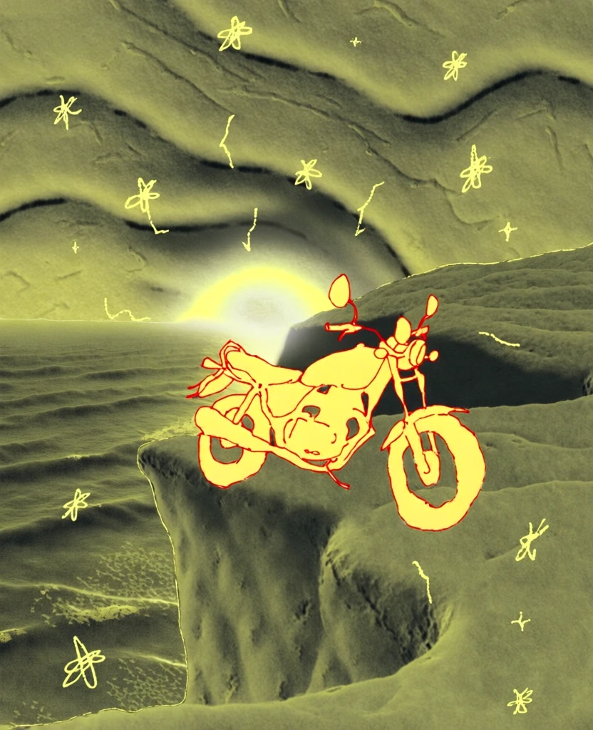 motorcycle parked at a cliff's edge overlooking the ocean at sunrise, lo-fi surrealist aesthetic, grainy topographical background with organic skin-like textures in muted mustard and sepia tones, the bike and landscape rendered as whimsical hand-drawn doodles with thin irregular red ink outlines, central glowing yellow aura at the horizon, scattered floating scribbled stars and flower accents, flat yellow graphic fills, grainy high-contrast indie-art style, textural and gritty composition.