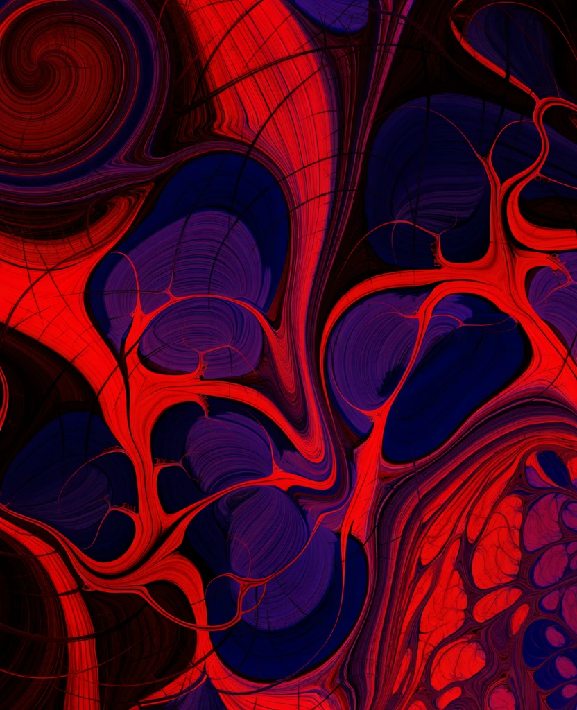 A vibrant abstract digital artwork features a chaotic swirling pattern of intense red, deep blue, and dark purple lines that mimic the appearance of marbled liquid. The composition is filled with intricate, thread-like red filaments that coil and loop across the entire frame, concentrating in some areas to form dense, bright patches. Beneath these red swirls, deep indigo blue and royal purple hues create a sense of depth, appearing as broad, flowing rivers of color or smaller, isolated pools. Thin, black, scratch-like lines intersect the colored swirls, adding a layer of fine texture and shadow. The patterns flow in multiple directions, with a prominent circular vortex in the upper left and a more elongated, sweeping motion through the center toward the lower right. Small, jagged edges and sharp peaks in the colored bands give the impression of fluid turbulence. There is no discernible background or foreground, as the layered colors occupy the entire visual field in a flattened perspective. The lighting is uniform, with the brightness originating from the high saturation of the colors themselves against a dark base. The artistic style is digital marbling, characterized by organic, flowing shapes and a lack of physical brushstrokes, resulting in a smooth, rendered appearance within a vertical rectangular frame.