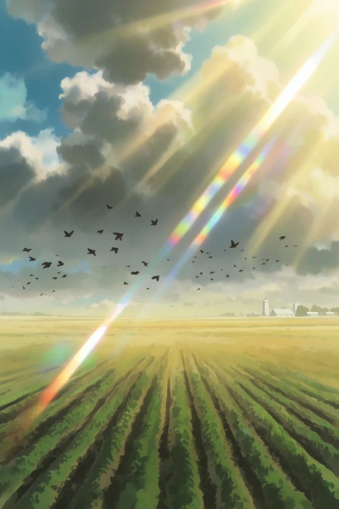 A vast agricultural field stretches to the horizon under a dramatic sky pierced by intense sunbeams and diagonal lens flares. Green plowed furrows dominate the foreground, receding into hazy yellows. A scattered flock of dark birds flies beneath large, billowing grey and white clouds. Distant white farm structures sit faintly on the right skyline. Two prominent lens flares with prismatic rainbow edges slice across the frame. The visual style mimics a painted animation background with soft brushwork and strong atmospheric perspective.