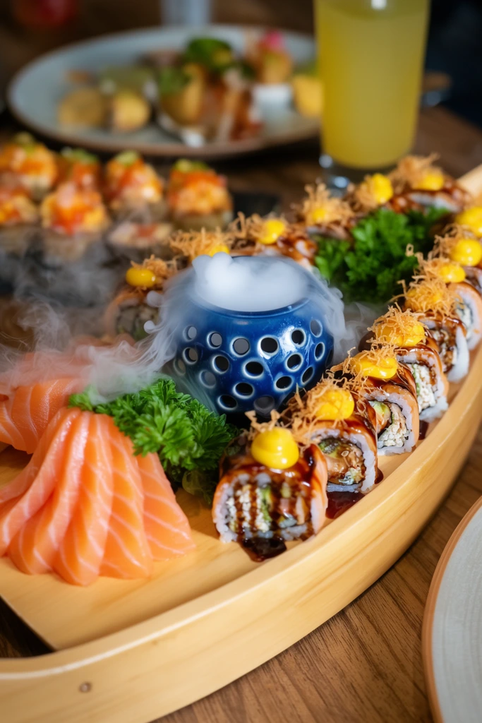 elaborate sushi assortment on a curved light wood platter, dramatic dry ice fog cascading from a small blue ceramic pot with circular holes, sliced orange salmon sashimi, rows of sushi rolls topped with dark glaze, bright yellow sauce, and crispy shredded garnishes, fresh green parsley, softly blurred background with appetizers and a glass of yellow beverage, high angle food photography, warm indoor lighting, shallow depth of field