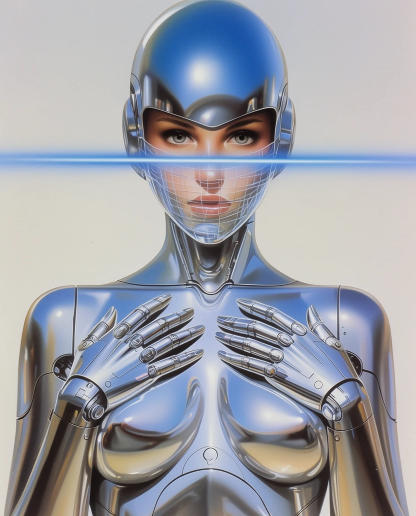 A highly polished silver female cyborg is centered against a minimal off-white background. She wears an aerodynamic metallic helmet revealing realistic human eyes, with a transparent wireframe visor over her lower face intersected by a glowing horizontal blue neon beam. Her articulated chrome body features anatomical contouring, mechanical panel lines, and delicate metallic hands resting gracefully on her chest. The retro-futuristic airbrush illustration emphasizes smooth gradients and hyper-realistic specular reflections.