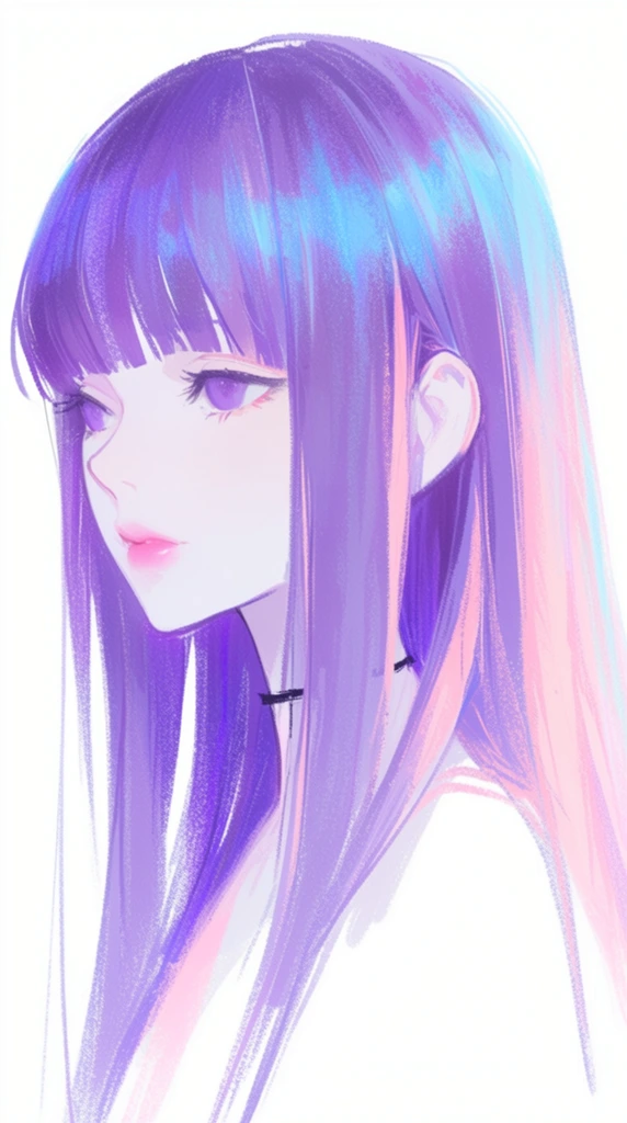 A digital illustration of a young woman in three-quarter profile facing left against a solid white background. She has long straight purple hair with blunt bangs, featuring luminous blue and pastel pink highlights. Her pale face displays large purple eyes and soft pink lips. A thin black line forms a choker at her neck. The artwork utilizes an anime aesthetic with textured sketch-like strokes, high-key lighting, and a vibrant pastel color palette.
