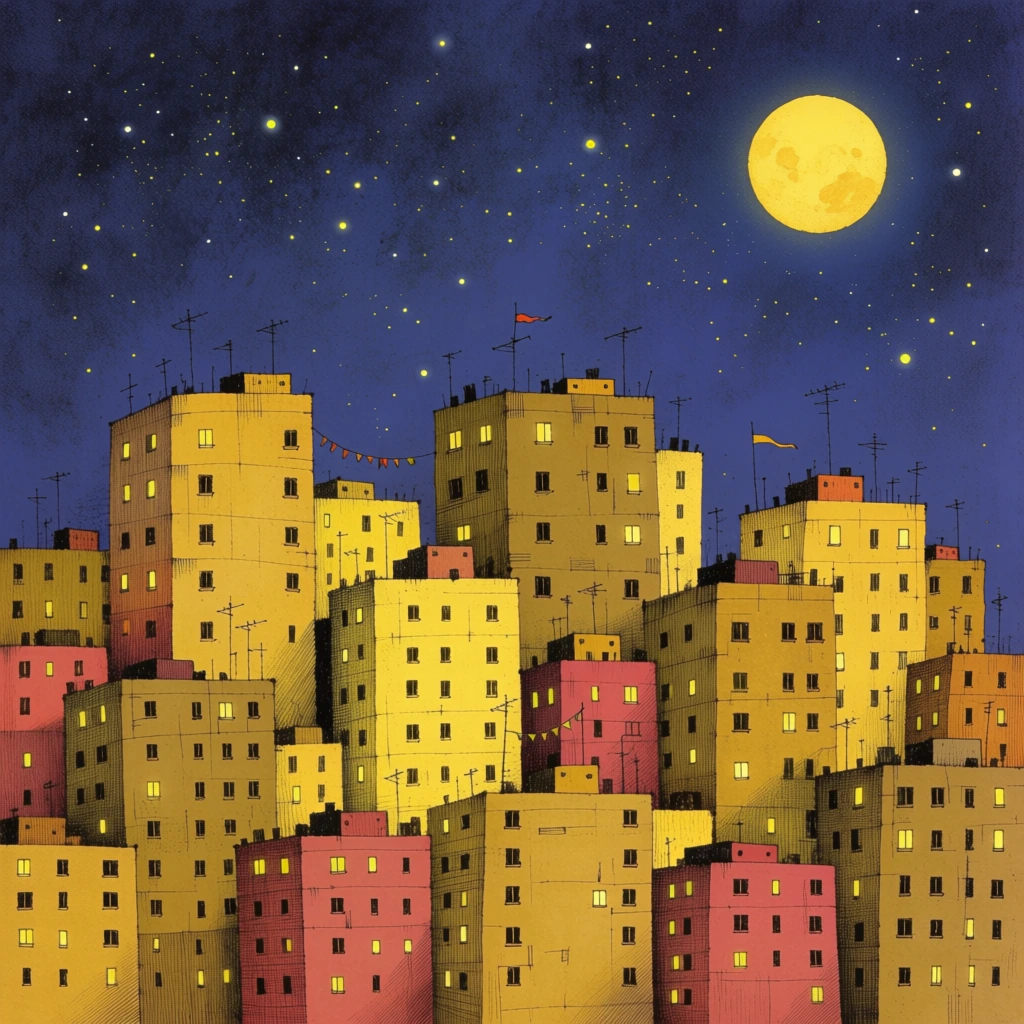 A dense cityscape of tall, blocky apartment buildings stands packed together under a starry night sky illuminated by a large yellow moon. The multi-story structures fill the lower two-thirds of the frame, varying in color between muted blue-grays, earthy ochre yellows, and deep terracotta reds. Each building is covered in numerous small, rectangular windows, many of which glow with a warm, bright yellow light from within, while others remain dark. Fine black ink lines define the edges of the buildings, and cross-hatched shading provides a sense of depth and texture to their flat facades. On the flat rooftops, thin, spindly black lines represent clusters of antennas or construction scaffolding. Above the crowded urban landscape, the sky transitions to a deep indigo blue, densely speckled with a multitude of tiny, bright yellow and white stars of varying sizes. In the upper right corner, a large, glowing yellow full moon sits prominently against the dark sky. The perspective is a straight-on view that emphasizes the claustrophobic density of the architecture, rendered in a detailed, hand-drawn graphic illustration style with a high-contrast color palette of warm yellows and cool blues.