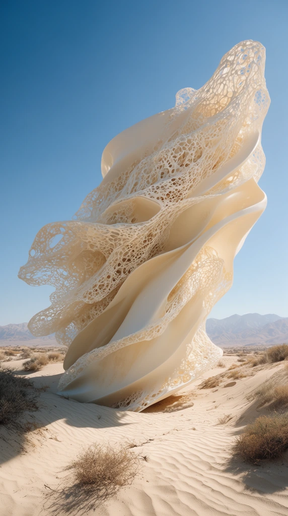A colossal abstract cream-colored monolith erupts from a sunlit desert landscape. The towering organic structure features smooth sweeping folds of solid material transitioning into intricate porous webbing resembling delicate lace or skeletal coral. Frozen in a dynamic windblown posture, the form dominates the foreground dunes textured with fine sand ripples and scattered dry scrub brush. A hazy distant mountain range stretches beneath a clear vibrant blue sky. Strong direct sunlight casts sharp shadows across the sand, highlighting the translucent reticulated textures of the flowing sculpture. A wide-angle perspective emphasizes the massive scale of this surreal photorealistic rendering.
