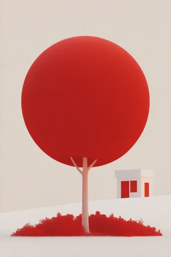 Graphic Surrealist Minimalism style reference image — vibrant crimson and primary red