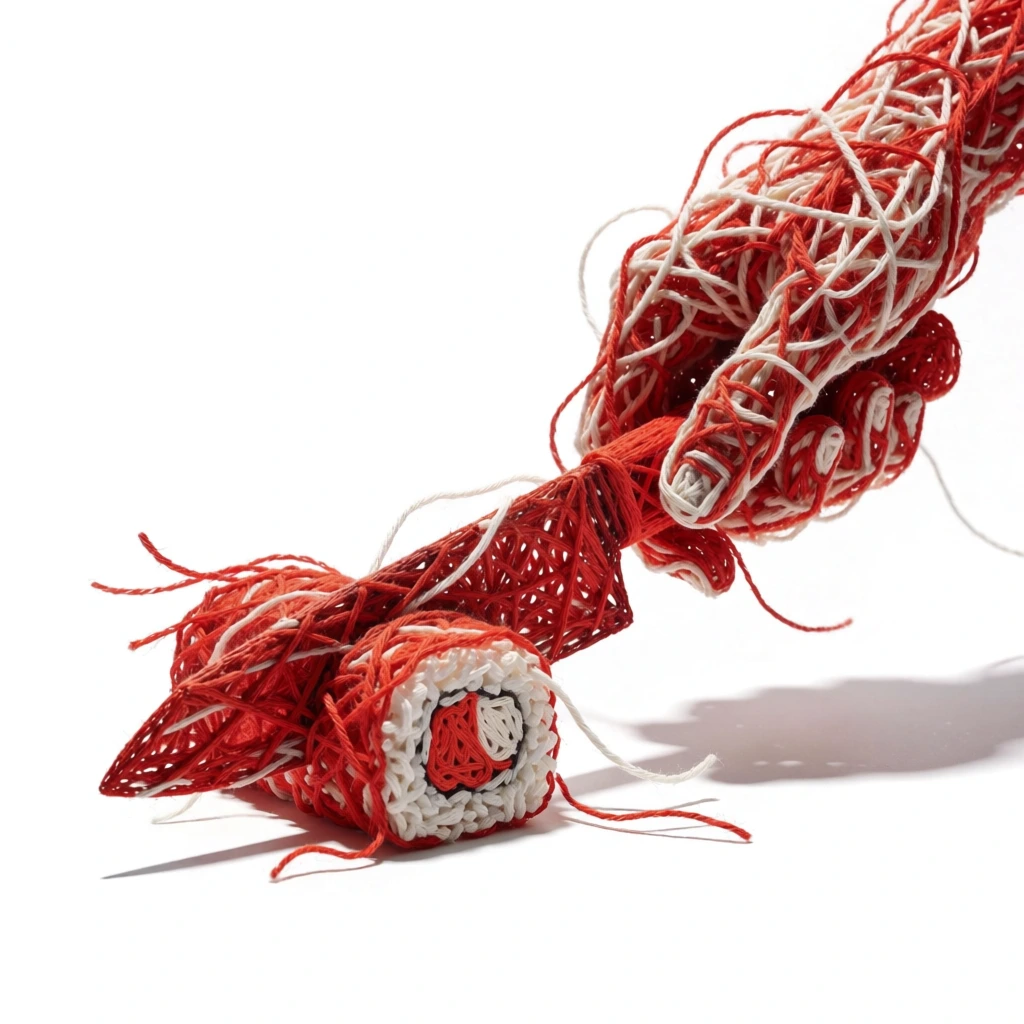 a hand and sharp knife slicing through a sushi roll on a flat surface, all elements meticulously constructed from dense bundles of tangled variegated red and white cotton thread, the hand and blade rendered as volumetric assemblages of twisted cord, the sushi cross-section revealing a core of interwoven fibers, stark high-key studio lighting on a pristine white background, loose kinetic strands trailing off, macro focus on tactile fibrous textures, sharp micro-shadows for depth.