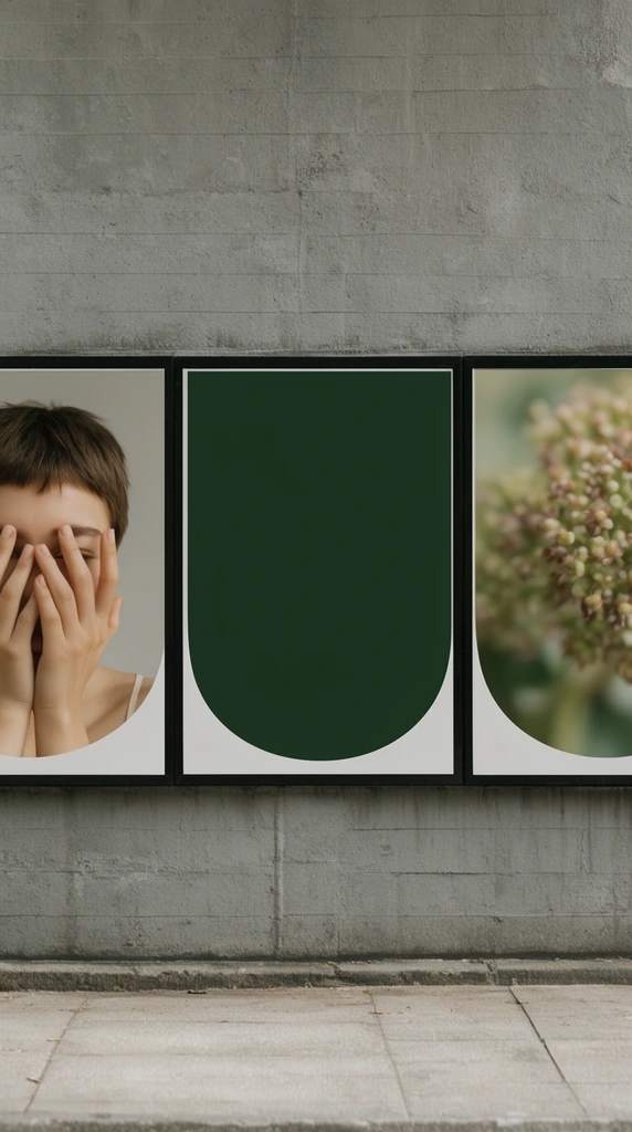 three black-framed posters on a grey concrete wall above a sidewalk, left poster shows a person with short hair peeking through their hands, center poster is solid dark green, right poster displays a blurred botanical cluster, U-shaped bottom graphic masks, modern minimalist urban mockup, flat perspective, muted natural light
