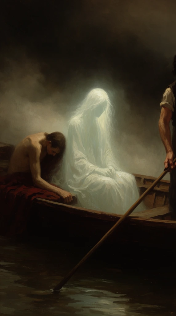 A haunting classical oil painting depicts an ethereal glowing white figure seated in a wooden rowboat on murky waters, guided by a boatman. The spectral figure is shrouded in wispy white hair and robes, radiating a soft pale luminescence against the gloom. Beside it, a hunched shirtless figure rests against a dark red cloth with their head bowed. On the right, the arm of the standing boatman grips a long wooden pole extending diagonally into the dark water. The background is engulfed in dense smoky mist under a brooding sky. Rendered with expressive brushstrokes and dramatic chiaroscuro lighting, the macabre composition sharply contrasts the ghostly brightness of the seated entity with the oppressive earthy browns and pitch blacks of the shadowy environment.