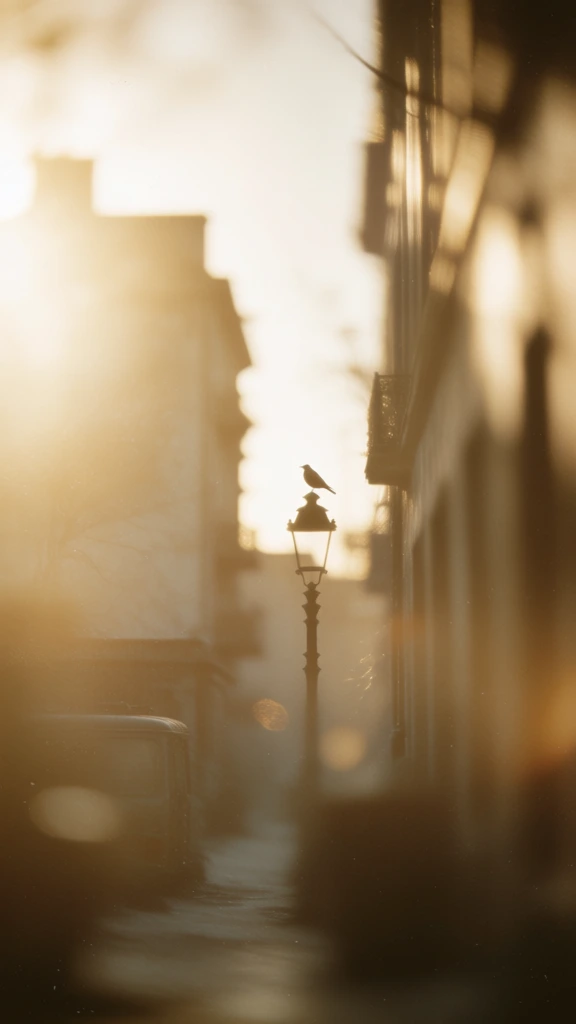 impressionistic low-contrast capture, a lone bird perched atop an ornate street lamp in a narrow urban alley, intense golden hour backlighting with heavy halation, extremely shallow depth of field rendering buildings into soft blurred silhouettes, sepia-toned monochromatic palette, hazy dreamlike atmosphere, fine film grain, glowing amber highlights, ethereal soft-focus aesthetic, nostalgic and ephemeral mood, painterly texture, high-key light diffusion