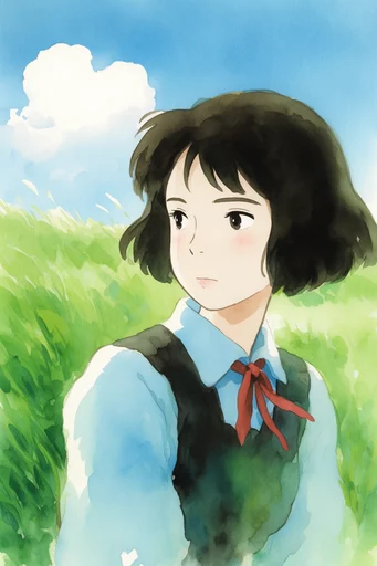 Nostalgic Ghibli Pastoral style reference image — lush green meadows