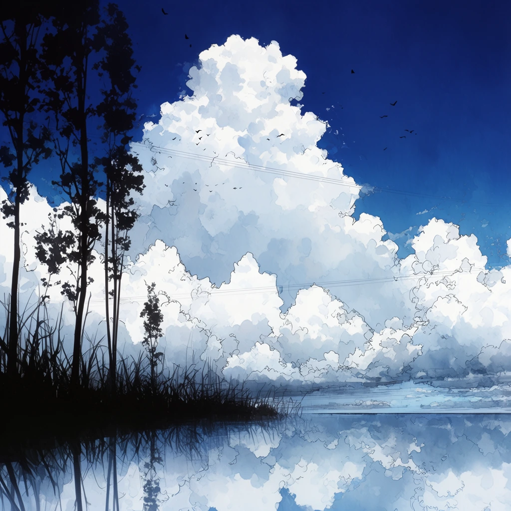 towering white cumulus clouds dominating a deep blue sky, perfectly mirrored in a calm expanse of water, stark black silhouettes of tall thin trees and reedy grass along the left shore, faint power lines cutting across the clouds, scattered small black birds flying high, digital painting, anime background art style, watercolor textures, delicate sketch-like linework outlining cloud edges, dramatic vertical composition, serene atmosphere, high contrast
