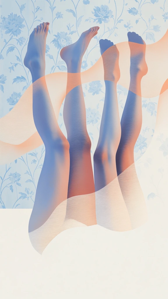 four human legs raised vertically against a stylized floral wallpaper backdrop, rendered with ethereal periwinkle and muted salmon peach gradients, fine horizontal moiré-style striations and fluid undulating organic forms, soft-focus diffused lighting, minimalist airy composition with wide off-white negative space at the base, neo-modernist aesthetic, high-signal graphic textures, delicate overlapping silhouettes, atmospheric and clean rendering quality.