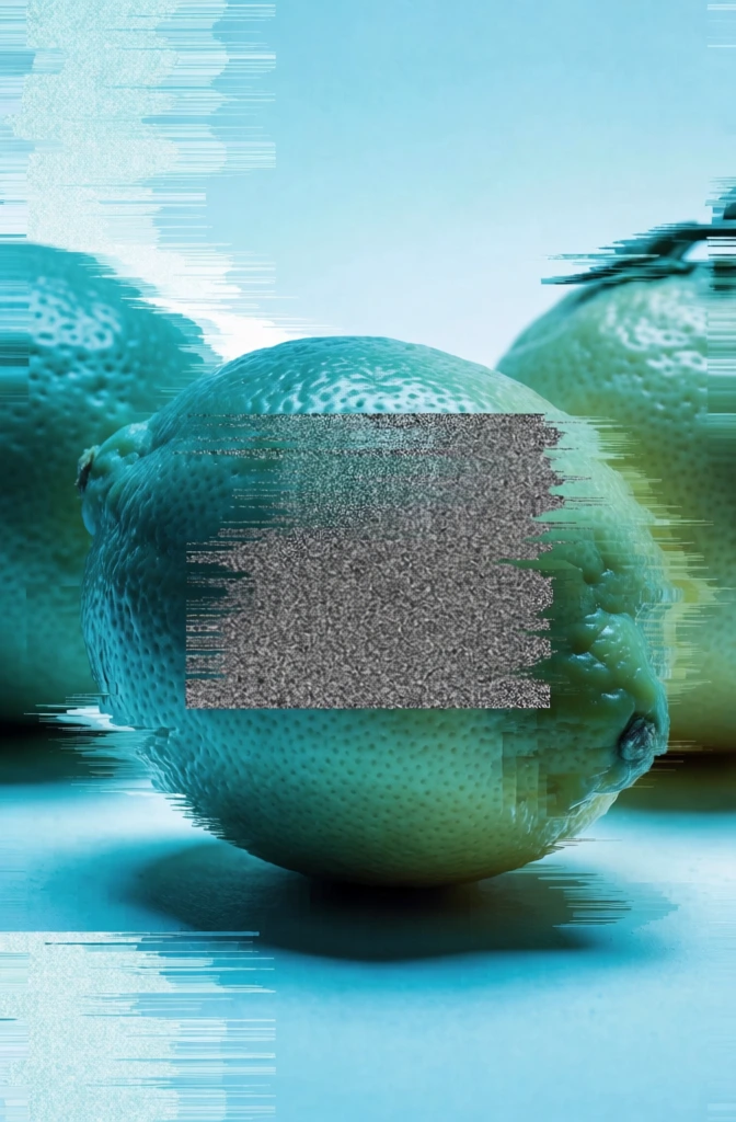 experimental glitch art composition of three lemons on a flat surface, monochromatic teal and aquamarine color palette, heavy digital distortion with horizontal pixel sorting and datamoshing streaks, a rectangular block of television static noise layered across the central fruit, low-fidelity grain and scan line textures, dark high-contrast shadows bleeding into the background, vhs-era digital artifacts, sharp horizontal jittering, abstract contemporary brand aesthetic