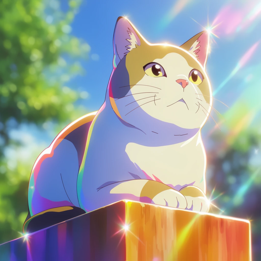 A cat statue resting on a wooden block, rendered as a highly polished 2D anime-style digital illustration. The artwork features crisp, delicate line art and pristine cel-shading enhanced by soft, luminous airbrushed gradients. An ultra-vibrant, intensely saturated color palette defines the smooth surfaces of the feline figure and the geometric base. Brilliant, glowing sunlight strikes the subjects, producing sharp, star-shaped lens flares and radiant white rim lighting along their outer contours. The shading technique utilizes luminous, colorful shadows rather than stark blacks, creating a dynamic, energetic, and ethereal fantasy aesthetic characteristic of premium modern animation.