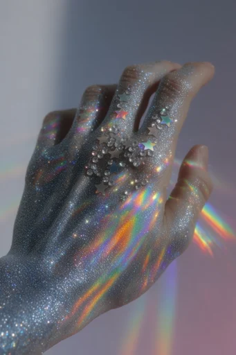 Prismatic Celestial Glamour style reference image — macro glitter detail
