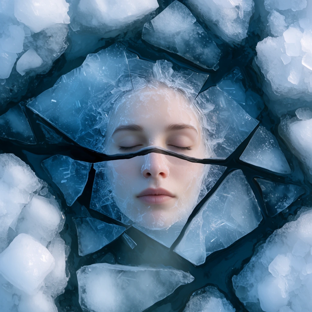 A serene woman's face with closed eyes is embedded in fractured ice shards floating on dark water. A horizontal crack splits the portrait. White ice chunks surround the central pieces in this top-down surreal photograph featuring cold blue tones and crystalline textures.