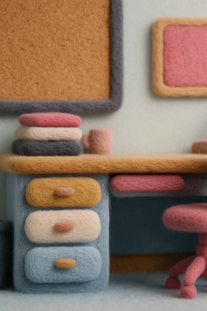 A needle-felted wool desk sits in the foreground, featuring a stack of soft, volumetric drawers on its left side, set against a smooth wall holding two plush, rectangular cork boards. The entire scene is rendered in a highly tactile, fuzzy textile art style resembling a meticulously crafted miniature diorama. The furniture and wall fixtures are composed of densely packed fibrous materials with thick, stylized, rounded edges and bulbous forms. The color palette incorporates a matte, cohesive blend of soft dusty blues, warm ochres, muted charcoal greys, and vibrant dusty rose pinks. Soft, diffused ambient lighting provides even, gentle illumination across the fuzzy surfaces, highlighting the macro-level fibers and creating a cozy, stop-motion animation aesthetic with a shallow depth of field.