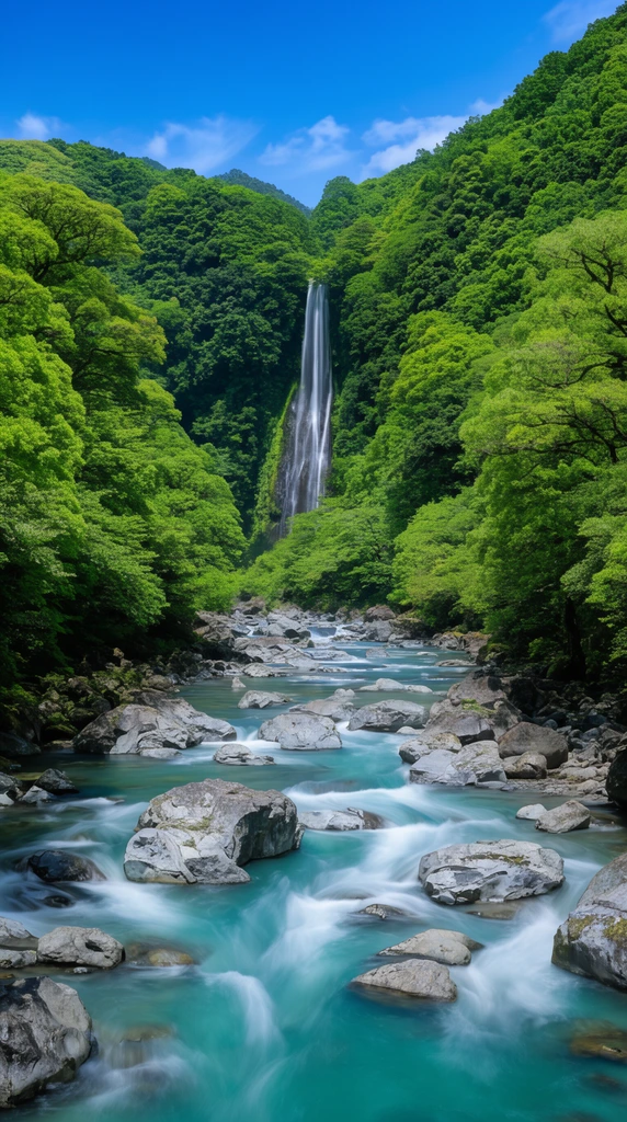 A tall, slender waterfall drops down a steep cliff enveloped in dense, vibrant green forest. A wide river flows toward the viewer, scattered with rugged grey boulders. The turquoise water displays a silky, blurred motion from a long exposure, contrasting with the sharp, static rocks. Lush tree canopies cover the rolling hillsides under a bright blue sky, capturing a serene, vivid landscape.
