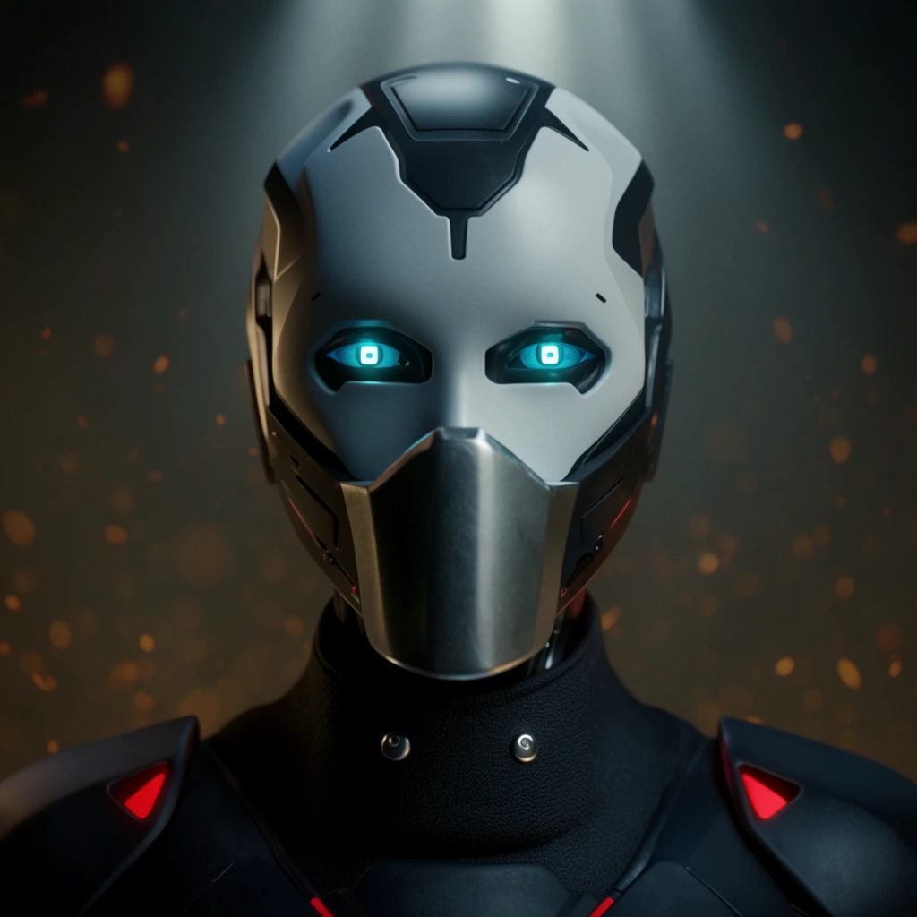 A futuristic cyborg figure with glowing cyan eyes stares directly forward against a dark, atmospheric background filled with out-of-focus amber embers. The entity wears a sleek helmet featuring a matte white faceplate with angular black paneling and a solid metallic guard covering the lower face. Only the synthetic eyes are exposed, emitting an intense light-blue glow with square pupils. A textured black collar with two silver rivets connects to dark, matte shoulder armor accented by glowing red triangular details. A soft, cool overhead spotlight cuts through the murky environment, illuminating the helmet's crown and casting subtle shadows across the smooth armored contours. The cinematic composition uses a shallow depth of field, blurring the background particles to emphasize the photorealistic sci-fi textures.