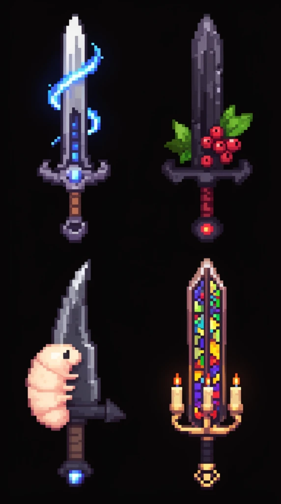 four pixel art fantasy swords on black background, metallic blade with blue energy ribbon, dark sword with berries, jagged dagger with pale grub, glowing stained glass sword with candles, 16-bit game asset style