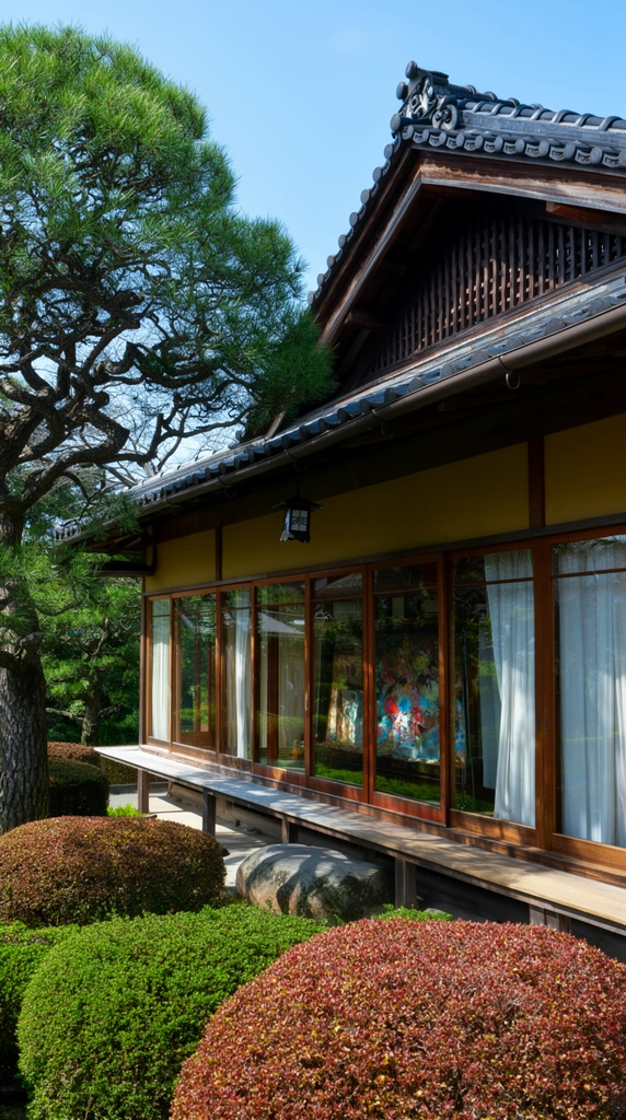 A traditional Japanese building with a dark, tiled roof and wooden framework stands among lush greenery under a clear blue sky. The structure features extensive sliding glass doors along a wooden veranda, reflecting the surrounding environment. Inside, glimpses of a colorful display and white curtains are visible through the glass. A large, twisting pine tree flanks the left side, casting shadows on the yellow-toned exterior wall. The foreground is dotted with manicured, rounded bushes, some green and others with reddish-brown foliage. A small, dark lantern hangs from the eaves above the veranda.
