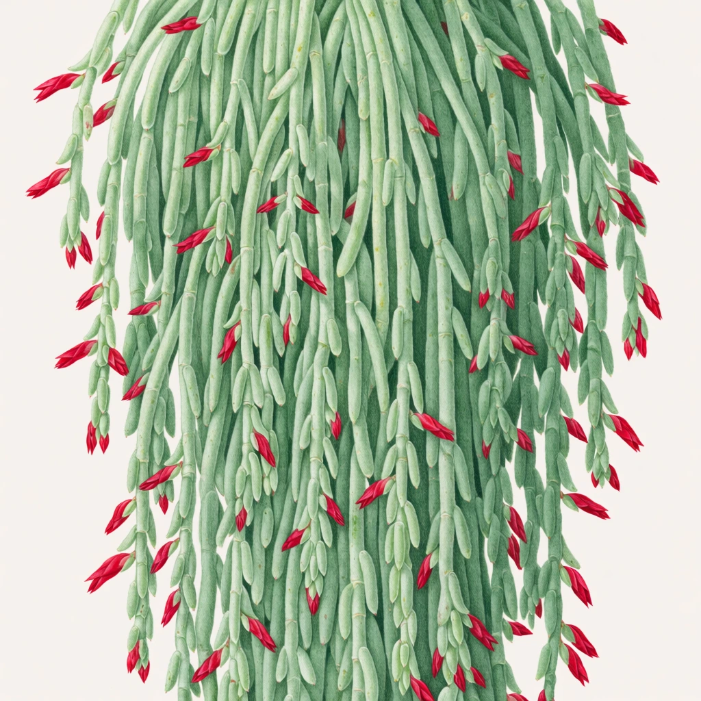 A highly detailed botanical illustration of a cascading succulent featuring hundreds of long, slender, cylindrical green stems drooping downward in a dense, waterfall-like cluster. Small, bright crimson red bud-like flowers are sparsely scattered along the lengths of the stems. The stems display a slightly textured, fuzzy surface with subtle segmented joints, layered thickly over a hidden core. Isolated against a stark, flat off-white background, the tightly framed composition emphasizes verticality. Rendered in a hyper-realistic style resembling colored pencil or fine watercolor, the image utilizes even, diffuse lighting to highlight the crisp contrast between the vibrant red buds and the pale mint and sage green stalks.