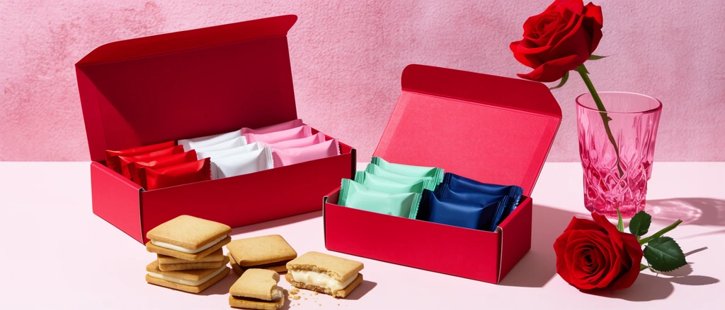 Vibrant still life of crimson boxes, square sandwich cookies, and red roses on a pale pink surface. Open containers reveal wrapped red, white, pink, mint, and navy packets. Foreground features stacked, broken-open cookies with creamy fillings. A single rose in a pink faceted glass and another resting nearby cast sharp shadows against a textured pink backdrop under bright studio lighting.