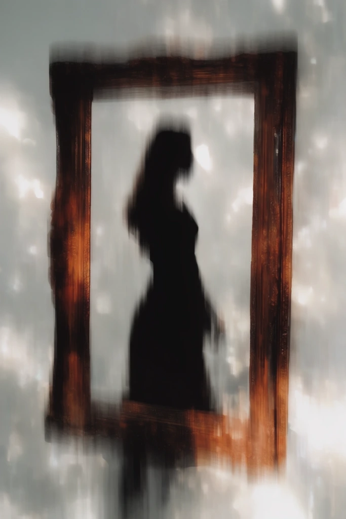 A stark, solid dark silhouette of a woman standing within a heavily textured, dark brown wooden frame, entirely enveloped in an intense vertical motion blur that pulls the visual information downward in long, wet-paint-like streaks. The deep, warm burnt sienna, ochre, and black tones of the frame and silhouette contrast sharply against a heavily desaturated, hazy background of pale grays and luminous, diffused whites. The pervasive vertical smudging effect creates a ghostly, ethereal distortion, elongating the boundaries of the wooden frame and the woman's form into the surrounding space. Brilliant, scattered backlight filters through the pale background, further softened and dragged by the vertical pixel-sorting aesthetic. The composition centers on the framed silhouette, while the edges of the scene dissolve into the heavy, streaky atmospheric distortion, resulting in a dreamy, high-contrast visual blending photographic elements with aggressive, painterly vertical smearing.