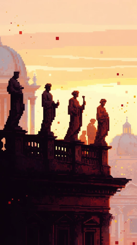 Blocky pixel art of stone statues arrayed along a classical building roofline, rendered as stark, jagged silhouettes against a luminous sunset sky. The statues and ornate roofline details form high-contrast foreground shapes composed of deep maroon, dark rust, and near-black square pixels. Behind them, the sky radiates in distinct, low-resolution horizontal bands of pale yellow, peach, and soft orange, creating a thick atmospheric haze. Faint, pastel-colored architectural domes and columns dissolve into the distant background. Scattered single pixels and small clusters of crimson and gold float randomly through the air, adding texture to the backlit, warmly tinted retro 8-bit aesthetic.