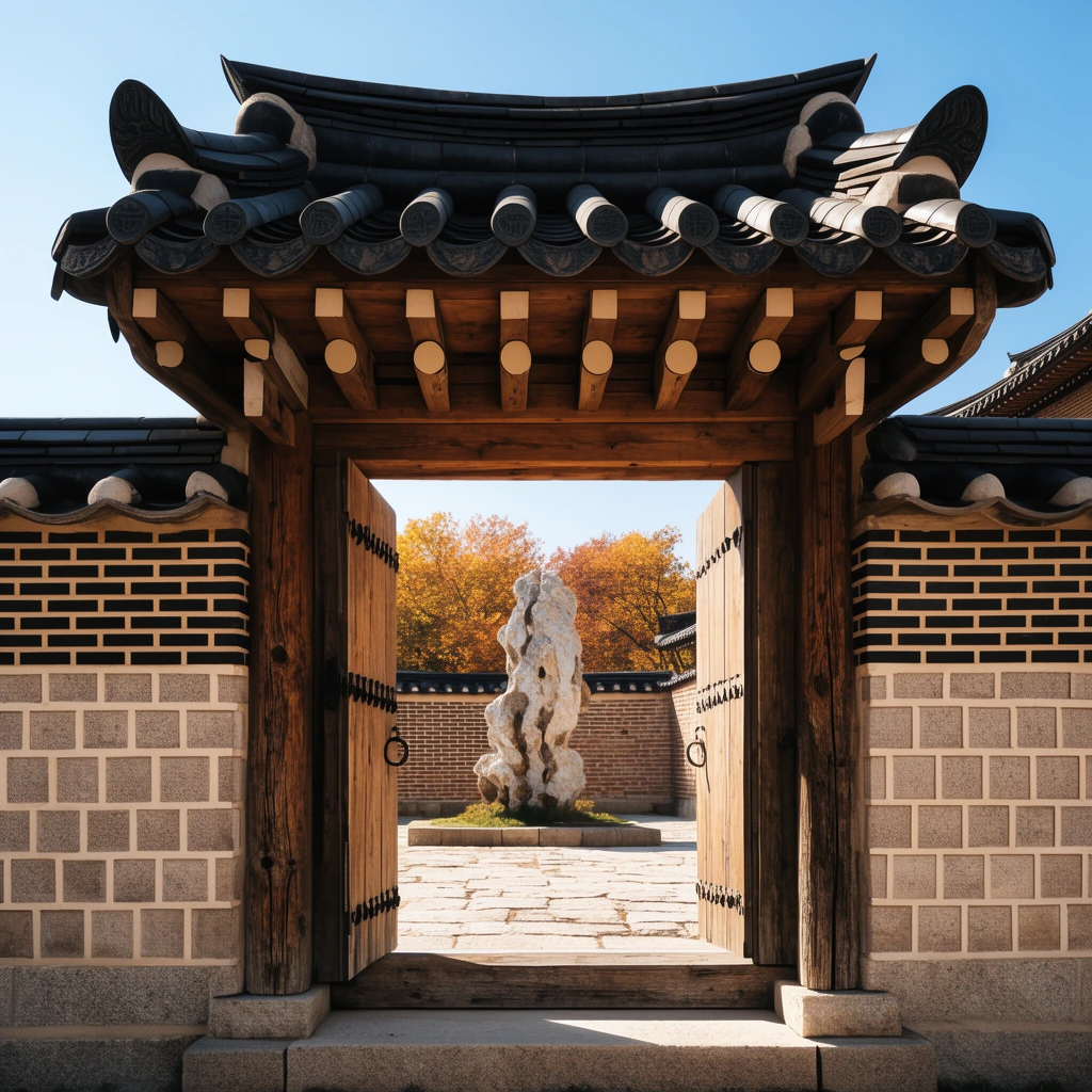 A traditional East Asian gateway with open wooden doors and a dark tiled roof stands between geometric patterned brick pillars. The open gate frames a bright courtyard containing a tall ornamental rock, low brick walls, and autumn trees beneath a clear blue sky. Natural daylight highlights the textured wood and masonry.