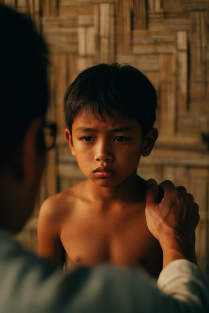 young shirtless boy with somber expression, adult hand resting gently on his shoulder, over-the-shoulder shot past out-of-focus figure, woven bamboo wall, warm cinematic lighting, deep shadows, shallow depth of field
