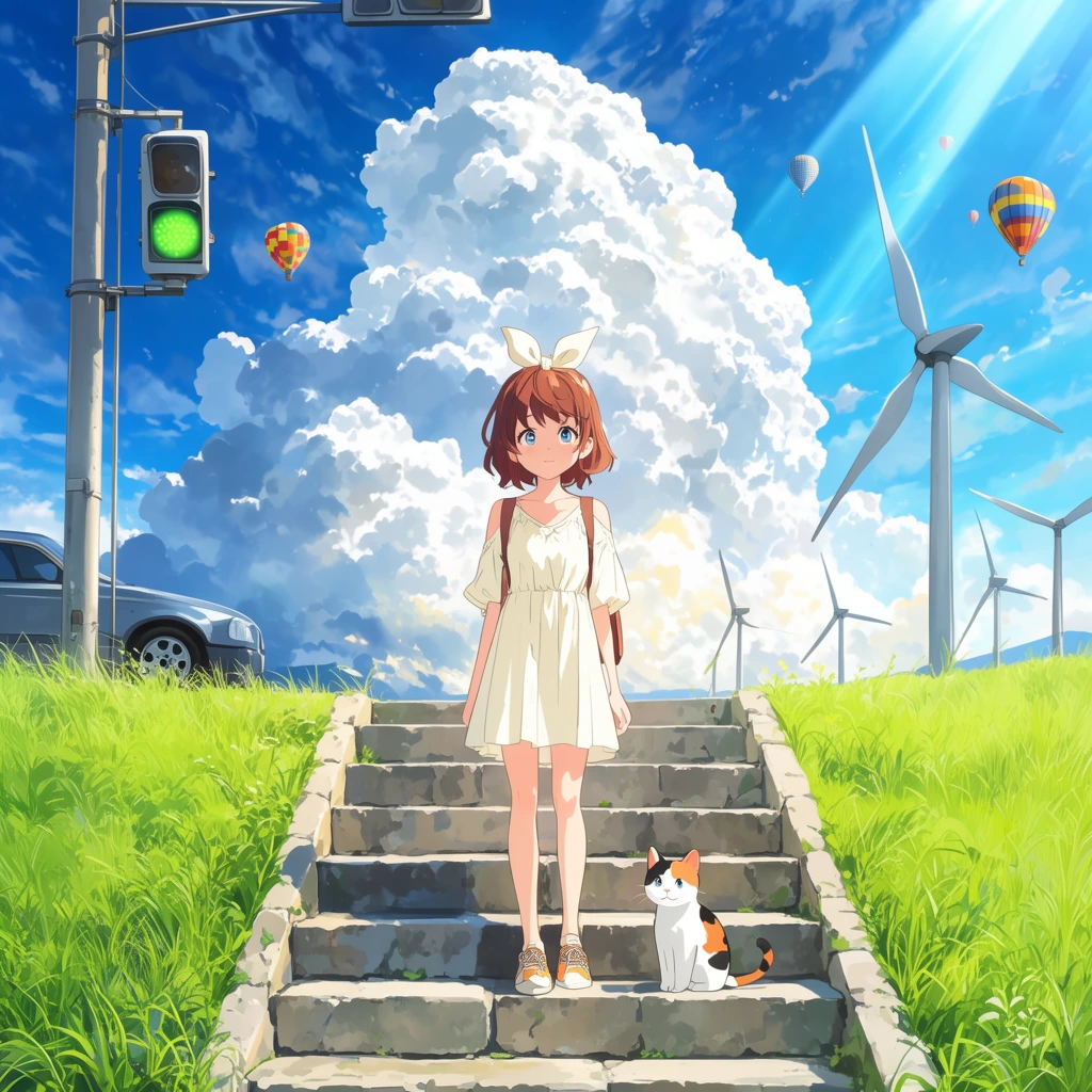young woman with a bow at stone stairs, calico cat, lush grassy hill, glowing green traffic light, parked car, wind turbines, massive cumulonimbus cloud, bright blue sky with hot air balloons, sunbeams, vibrant anime illustration