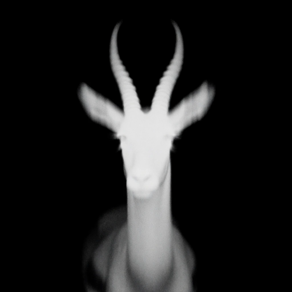 ethereal glowing silhouette of a gazelle head and neck with slender horns, centered composition against a stark deep black background, high-contrast monochromatic palette, heavy film grain and atmospheric analog noise, soft blurred edges with radiant white light bleeding from the form, mid-century surrealist photogram aesthetic, minimalist and hauntingly ghostly luminosity, grainy darkroom texture, ethereal radiance, soft focus, experimental photography style