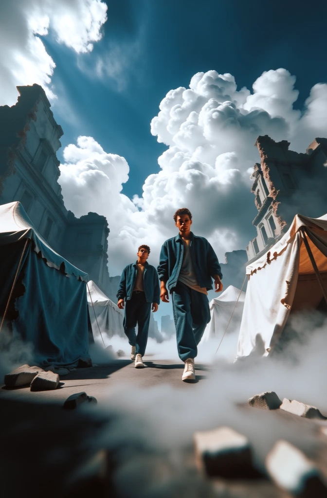extreme low-angle wide-angle perspective, cinematic shot of two men walking down a ruined street flanked by tattered tents, dramatic overhead chiaroscuro lighting, deep teal and slate blue color grading, heavy atmospheric ground-level mist and soft-focus rubble in foreground, hyper-realistic textures of worn canvas and cracked concrete, towering architectural ruins silhouetted against a brilliant cerulean sky with massive sculpted white clouds, high-contrast polished rendering