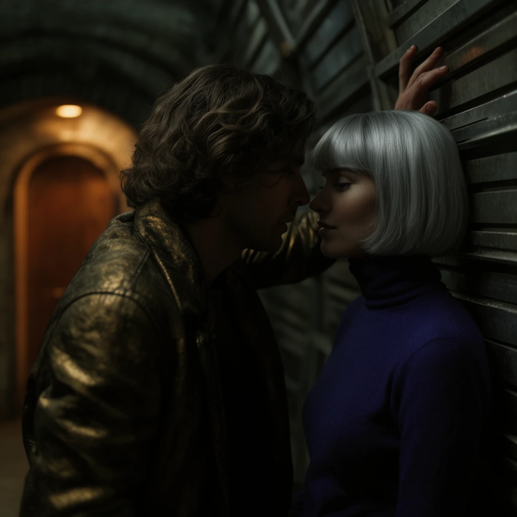 Two figures share an intimate moment in a dimly lit subterranean corridor. A man with wavy hair and a heavy bronze jacket leans closely against a woman with a silver bob in an indigo turtleneck. He presses one hand against the horizontal metallic slats of the wall above her head, their faces inches apart in deep shadow. Warm amber light glows from a softly blurred arched doorway in the background, contrasting with the cool, low-key cinematic shadows dominating the foreground.