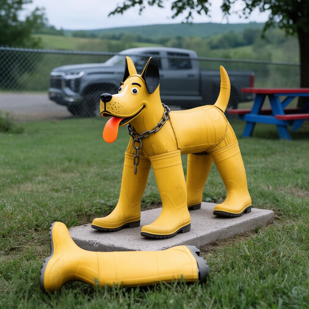 A whimsical dog sculpture constructed from yellow rubber boots stands on a concrete slab in a grassy yard, featuring a bright orange tongue and a metal chain collar. A second identical boot dog lies sideways in the foreground grass. The softly blurred background reveals a blue and red picnic table, a grey pickup truck behind a chain-link fence, and rolling green hills under overcast natural daylight.