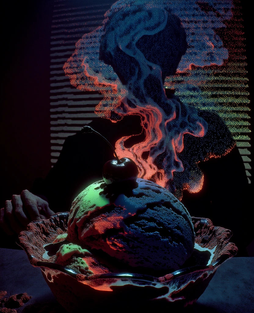 a large scoop of ice cream in a bowl topped with a cherry and stem, wispy vapor swirling, all rendered in a dense stippled pointillist texture of glowing phosphor pixels, vibrant ember red and electric blue bioluminescent pinpoints against deep shadows, high-contrast tech-noir lighting, a looming silhouette of a person's head and shoulders cast across horizontal slatted blinds in the background, granular 80s digital grit, moody cinematic retro-futurism, saturated emissive glows.