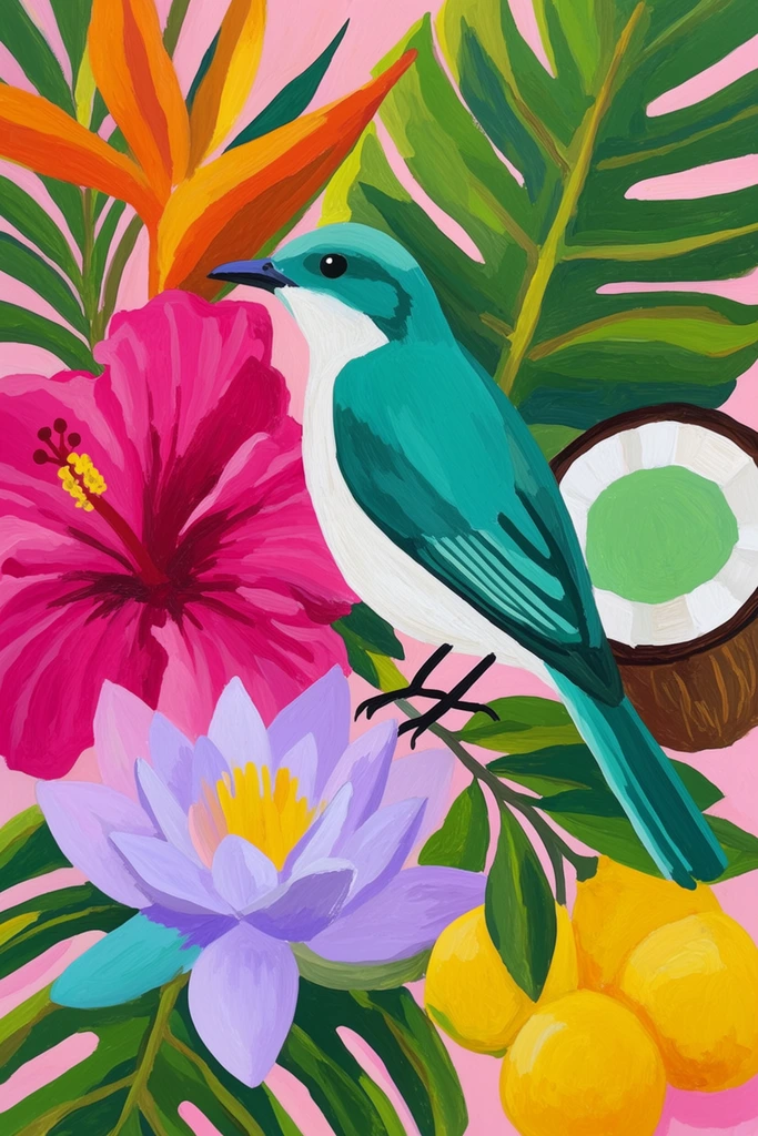 A vibrant, stylized painting depicts a teal and white bird perched amidst a dense, flattened arrangement of tropical flora against a pastel pink background. The bird sits in profile facing left, surrounded by a tightly packed composition featuring a massive magenta hibiscus flower, a light purple lotus, bright yellow citrus fruits, and a split coconut with a green center. Large green and orange tropical leaves overlap to completely fill the frame. Rendered with thick, visible brushstrokes and bold color blocking, the artwork showcases a graphic, pop-art botanical aesthetic with high-contrast, saturated colors and zero atmospheric depth.