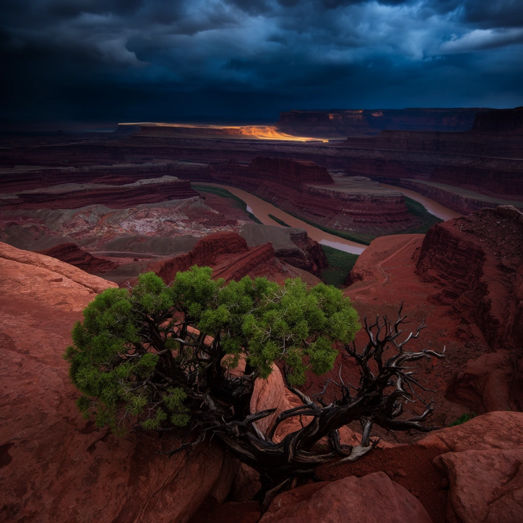 A gnarled evergreen tree clings to a red rock cliff overlooking a vast desert canyon. The tree has dark, twisted branches and vibrant green foliage. Below, a deep gorge stretches to the horizon, carved by a meandering brown river through tiered sandstone mesas. Heavy, dark blue storm clouds dominate the sky above. A distant sliver of golden sunlight breaks through to illuminate a remote plateau. The wide-angle landscape photography features deep depth of field, high contrast, and a dramatic, moody atmosphere.